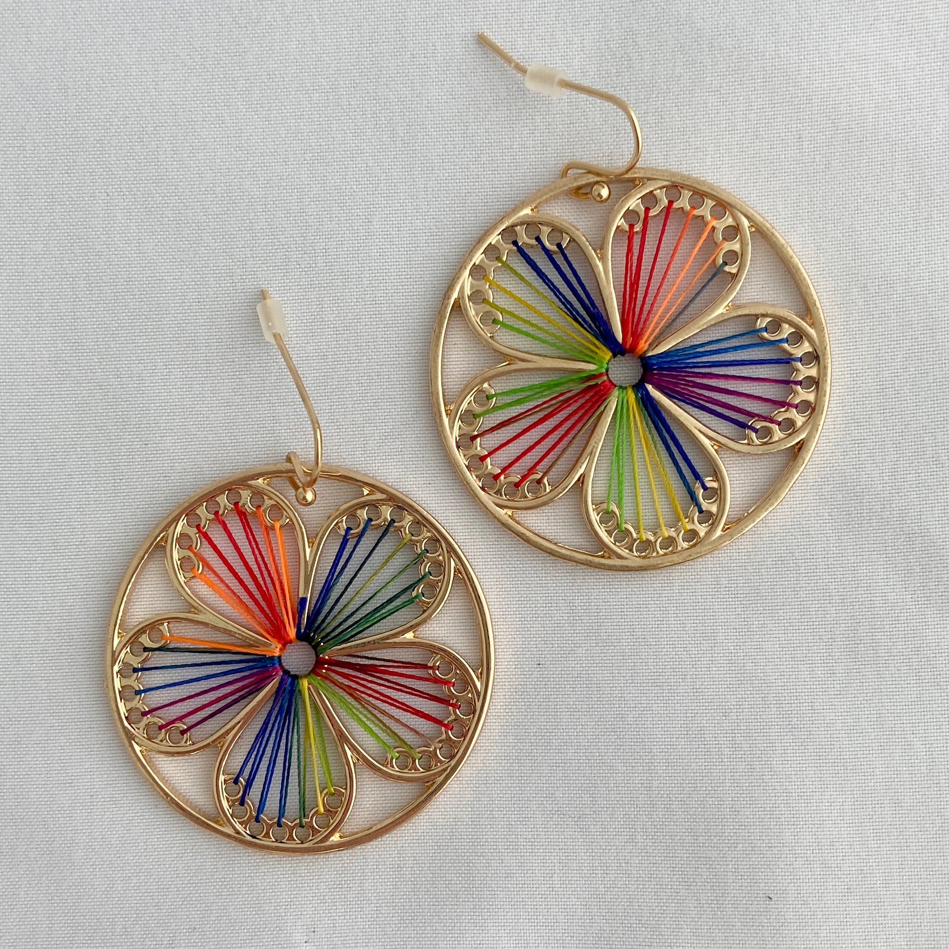 rainbow threaded flower medallion earrings