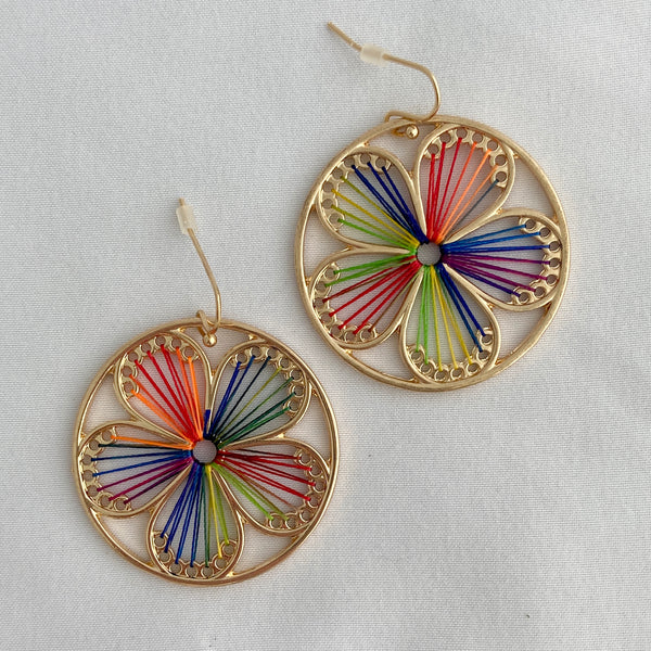 rainbow threaded flower medallion earrings