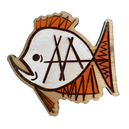 sketchy fish wooden pin by Jennifer Janiak-Ross