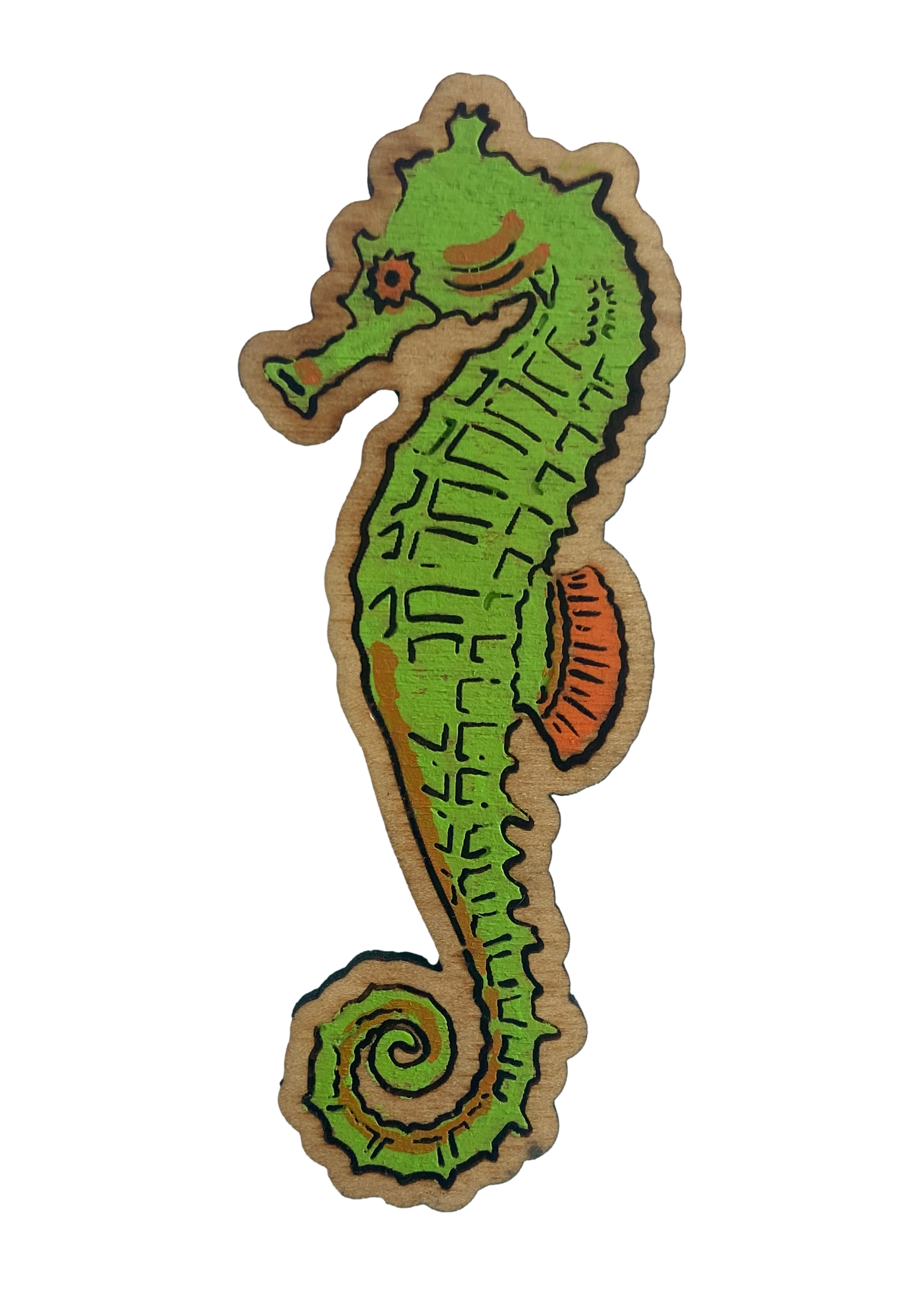 green hand-made wooden sea horse pin by Jennifer Janiak-Ross