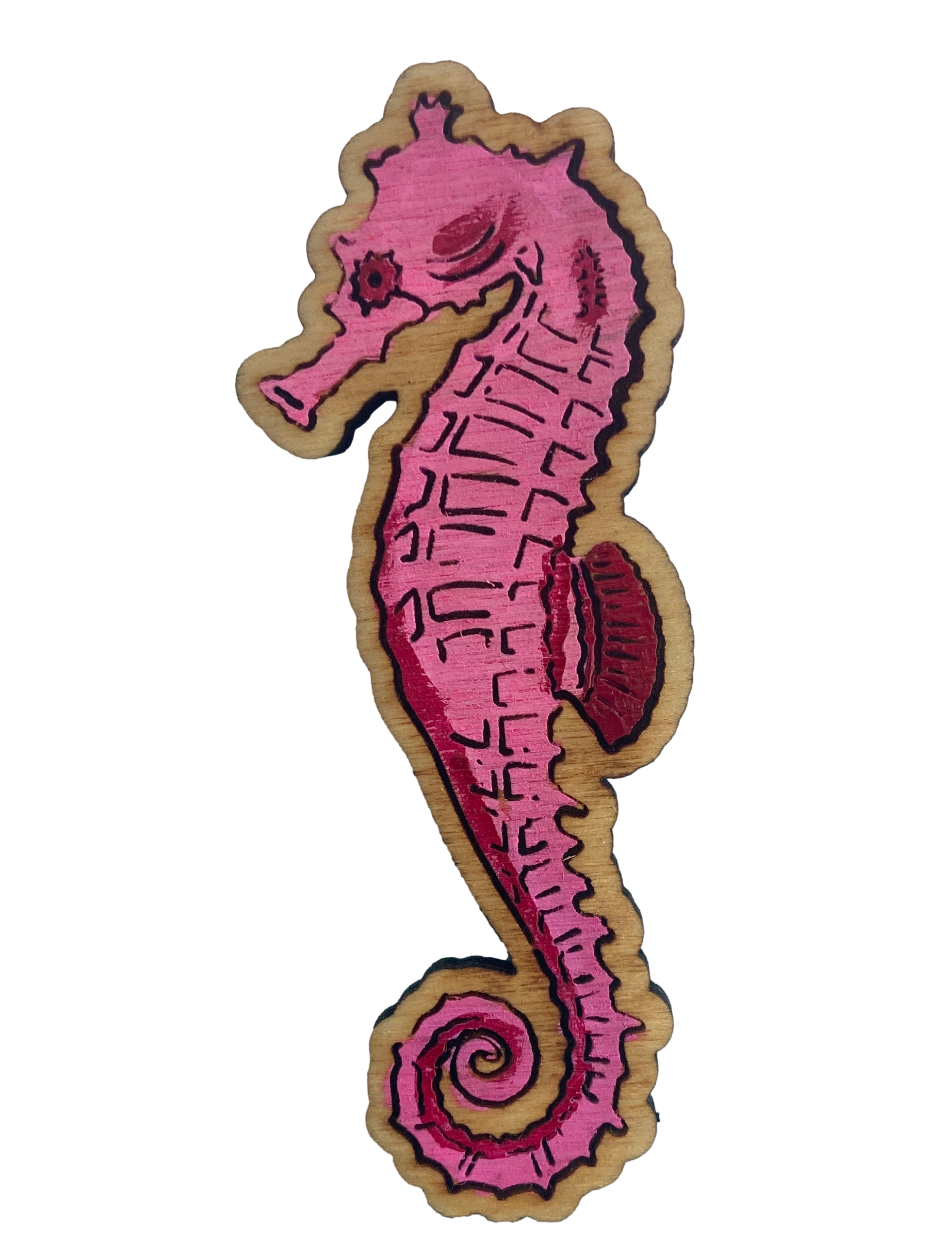 pink hand painted seahorse pin made in Long Beach by Jennifer Janiak Ross
