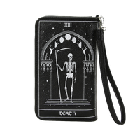 black vinyl tarot card wallet featuring the Death card with a skeleton holding a scythe beneath an archway, printed in silver