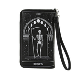 black vinyl tarot card wallet featuring the Death card with a skeleton holding a scythe beneath an archway, printed in silver