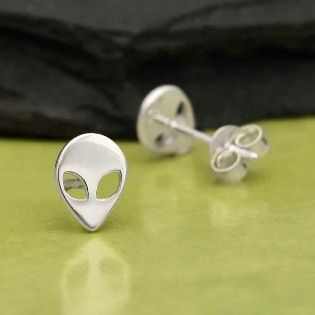 Silver Alien Head Post Earrings