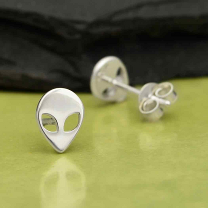 Silver Alien Head Post Earrings